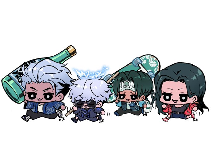 A fan-made chibi-style illustration featuring four cartoon characters with large green bottles strapped to their backs, seemingly part of an "azukirunclub" prize. The image ties to the caption by showcasing the artist's prize-winning YQ chibi commission, depicting the "YQ family" characters in a playful, running pose.