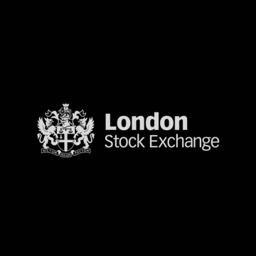 The London Stock Exchange logo featuring its heraldic crest with two lions flanking a shield, set against a black background.