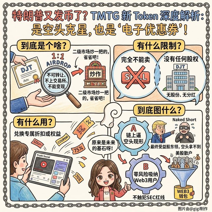 A colorful Chinese-language infographic titled '特朗普又发币了？TMTG新Token深度解析：是空头克星，也是"电子优惠券"！' explains a new TMTG token with sections on its purpose, restrictions, and uses, including a 1:1 airdrop and Truth Social discounts.