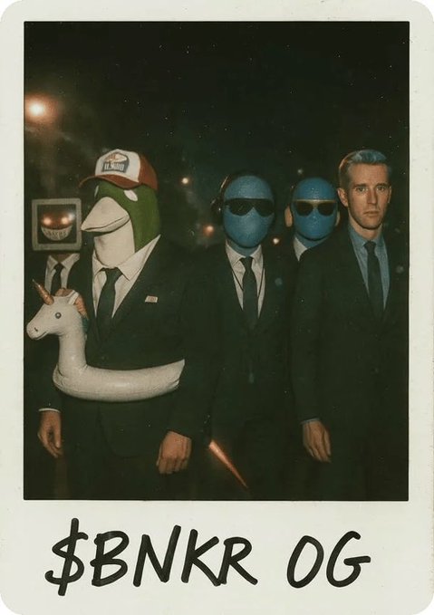 A Polaroid-style image showing figures in suits, including one wearing a shark head and a pool float, alongside others with blue faces and sunglasses, with the handwritten text '$BNKR OG' at the bottom.