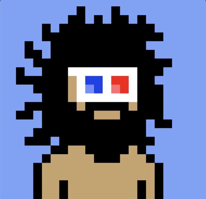 Pixel art character with wild black hair wearing 3D glasses (blue and red lenses), set against a light blue background.