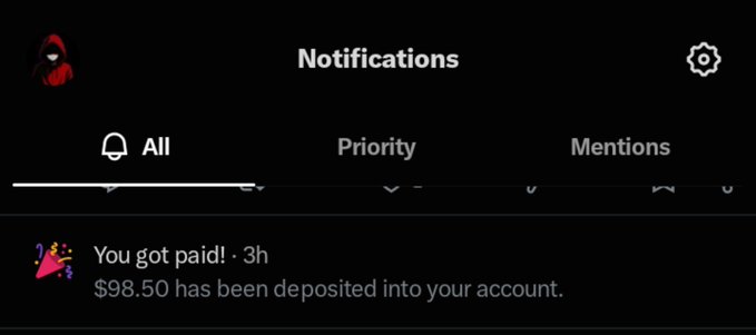 A dark-themed mobile app notification screen displays a message: 'You got paid! · 3h, $98.50 has been deposited into your account.' under 'Notifications' with tabs for All, Priority, and Mentions.