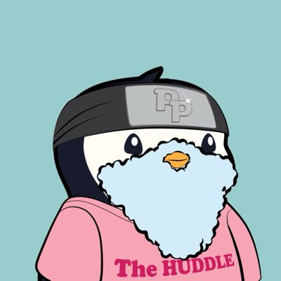 An NFT-style cartoon penguin character wearing a black 'PP' bandana and pink hoodie that reads 'The HUDDLE' against a light blue background.