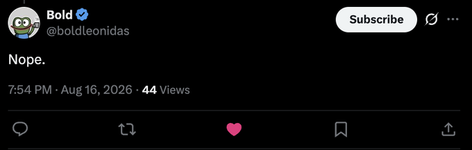 A screenshot of a tweet from Bold (@boldleonidas) displaying the single word "Nope." posted at 7:54 PM on Aug 16, 2026 with 44 views, contrasting with the post's explanation of shifting bullishness toward FWA and away from BoldPFPs.