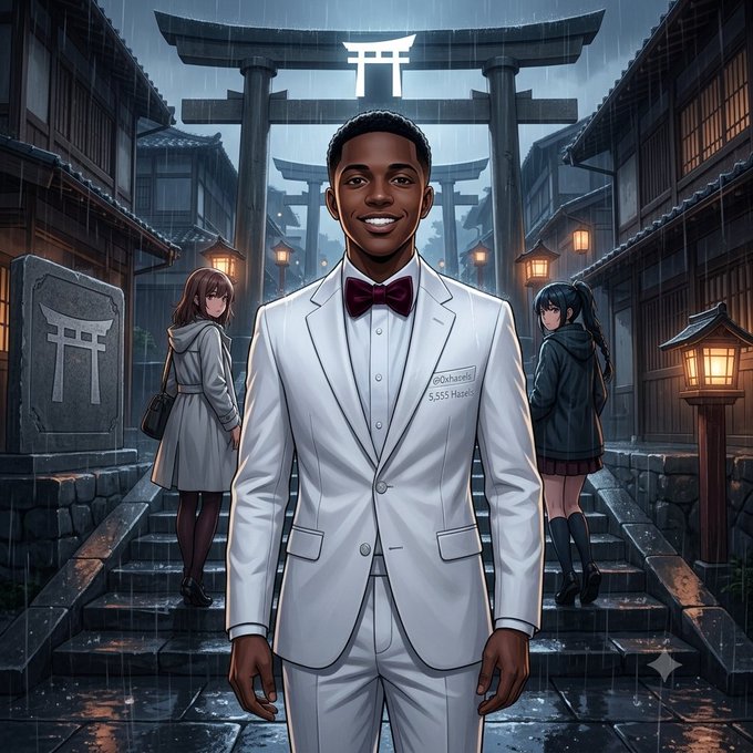 An anime-style illustration showing a smiling young Black man in a white suit with a burgundy bow tie standing in the foreground, while two other characters walk away in the background through a rainy Japanese shrine setting with torii gates and lanterns.
