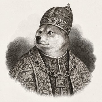 A whimsical illustration depicts a Shiba Inu dog dressed as Enrico Dandolo, the legendary Doge of Venice, wearing an ornate ceremonial headdress and richly embroidered robe, playing on the popular "Doge" internet meme.