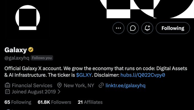 A Twitter/X profile for Galaxy (@galaxyhq) with a verified badge, showing 61.8K followers, 21 affiliates, based in New York, NY, with the ticker $GLXY. The "history in the making" caption likely refers to the featured CEO Vlad Tenev in their banner image, highlighting a notable moment or announcement from Galaxy's official account.