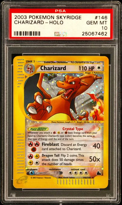A PSA-graded slab contains a “2003 POKEMON SKYRIDGE CHARIZARD - HOLO” card labeled “#146,” “GEM MT 10,” with visible card details including “110 HP,” “Fireblast,” and “Dragon Tail Flip.”