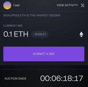 A screenshot of an auction interface showing '1 bid' with '@OXJPEGS.ETH IS THE HIGHEST BIDDER', a current bid of '0.1 ETH' (~$188.57), and an auction countdown timer.