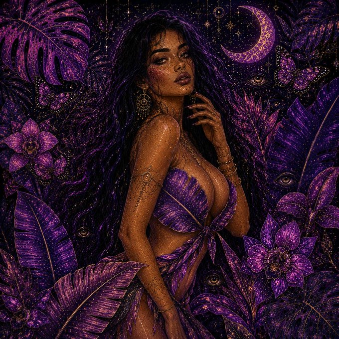A digital fantasy artwork depicts a woman with dark hair wrapped in purple leaves and flowers, surrounded by watchful eyes and a crescent moon against a starry background.