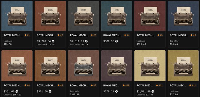 A grid of 12 NFT listings titled 'ROYAL MECH...' featuring vintage typewriter illustrations with prices ranging from $29.58 to $3,767.84 and ranks #1-#14.