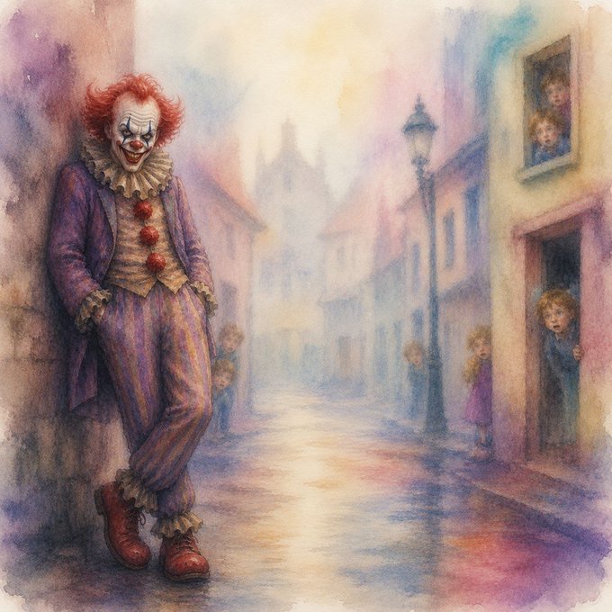 The image features a man dressed as a clown standing next to a building, leaning against a wall with his legs crossed. The background of the painting shows a street scene with people peeking out from behind a door or window. There are also two children visible in the painting, one on each side of the clown's head. The overall atmosphere suggests that this is an open attraction where visitors can interact and enjoy themselves.