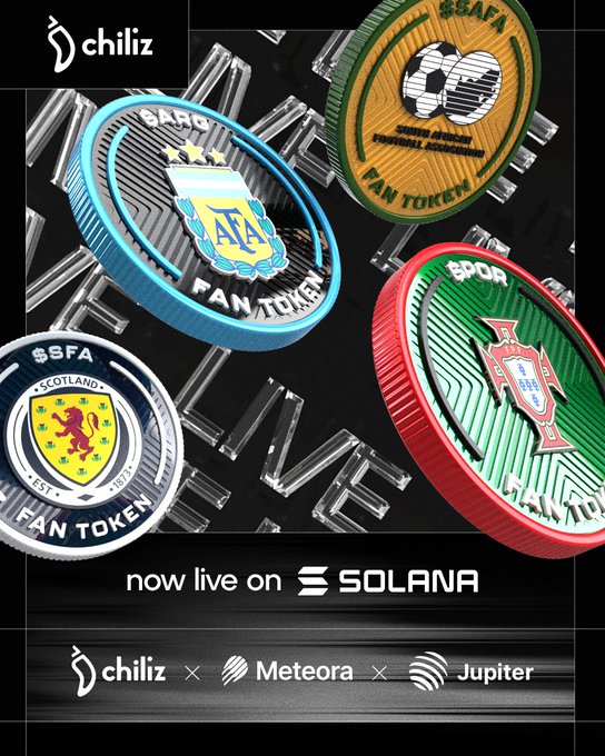 The image features a set of four fan tokens, each representing different countries - Argentina, Spain, Portugal, and Ireland. The tokens are shown against a black background with the text "now live on @Solana" at the top left corner, indicating that they are being showcased on a social media platform or exchange. The post explains that these fan tokens have been successfully deployed on @JupiterExchange to create an international market for them. The coins themselves are colorful and feature various symbols representing each country's flag or mascot.