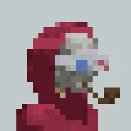 A pixel art illustration of a figure in red robes with a white face and blue eye, holding a brown pipe.