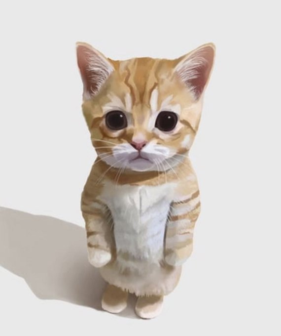 A 3D-rendered, cartoonish orange tabby kitten with large eyes standing upright against a plain white background.