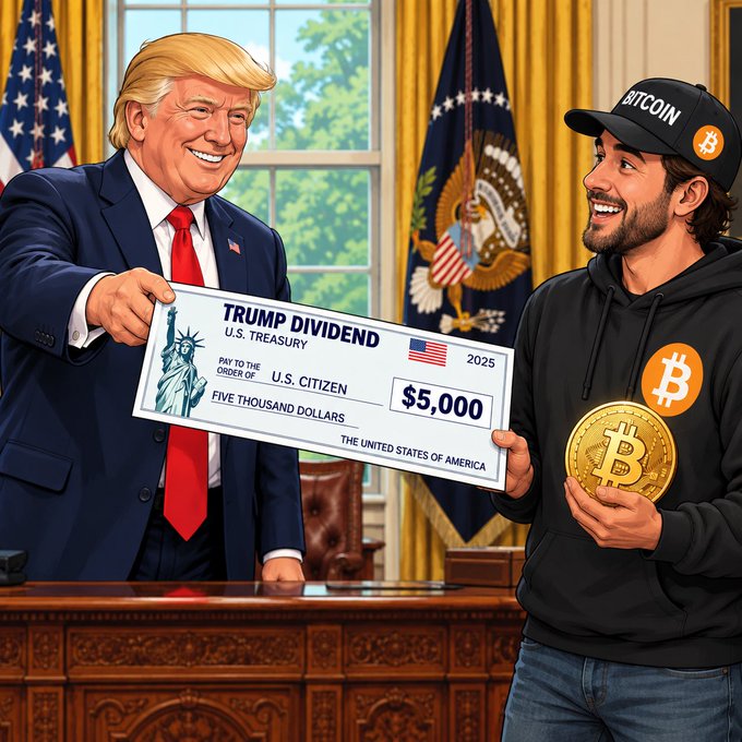 An AI-generated illustration of Donald Trump in the Oval Office handing a $5,000 'Trump Dividend' check to a man in a Bitcoin hoodie and cap holding a gold Bitcoin.