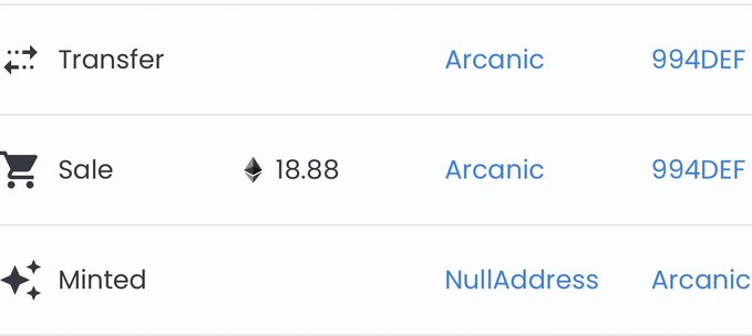 A crypto transaction activity table lists a “Transfer” from Arcanic to 994DEF, a “Sale” for 18.88 from Arcanic to 994DEF, and a “Mint” from NullAddress to Arcanic. It documents the Invisible Friends token #8 mint, which the poster says sold for 18.88 ETH just three minutes after minting.