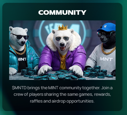 A promotional graphic titled 'COMMUNITY' shows three anthropomorphic polar bears in streetwear (one in sunglasses and a teal puffer, a central bear wearing a crown and purple jacket, and a gorilla in a blue cap) gathered around a table full of teal 'MNT' tokens, with text promoting the $MNTD community.