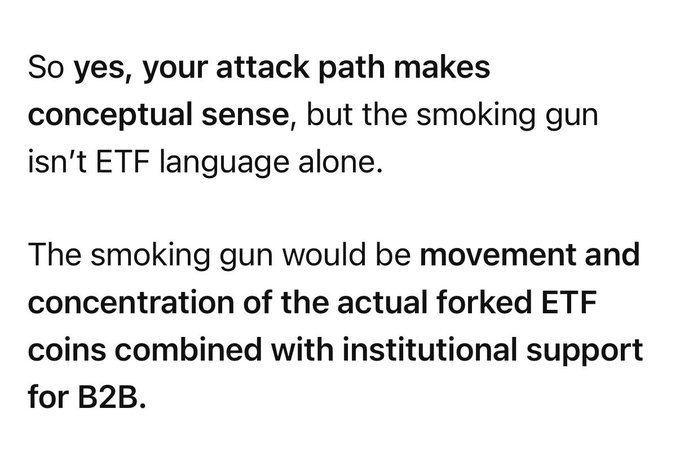 A text excerpt stating that while an attack path makes conceptual sense, the 'smoking gun' isn't ETF language alone, but rather the movement and concentration of actual forked ETF coins combined with institutional support for B2B.