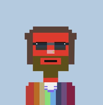 A pixel art portrait depicts a figure wearing a red headband, black sunglasses, and a rainbow-colored shirt against a light blue background.