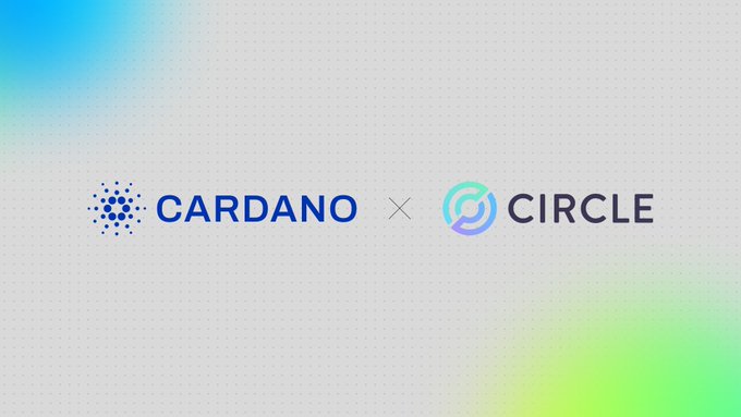The image displays a partnership announcement featuring the Cardano and Circle logos side by side against a clean white background with subtle blue and green gradient accents. This visual aligns with the post's context, which highlights how Circle's USDCx provides essential liquidity infrastructure for Cardano's (ADA) Tier-1 integrations, including with Pyth, Dune Analytics, and LayerZero.