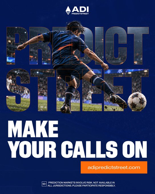 A soccer player kicks a ball against a dark blue background featuring the ADI Predictstreet logo, large transparent "PREDICT STREET" lettering overlaid on the action shot, and bold text reading "MAKE YOUR CALLS ON adipredictstreet.com" with a disclaimer about prediction markets risk at the bottom.
