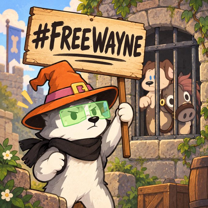 A cartoon illustration of a white dog wearing a witch hat and green glasses, holding a sign that reads "#FREEWAYNE", with other animals locked in a jail cell behind him.