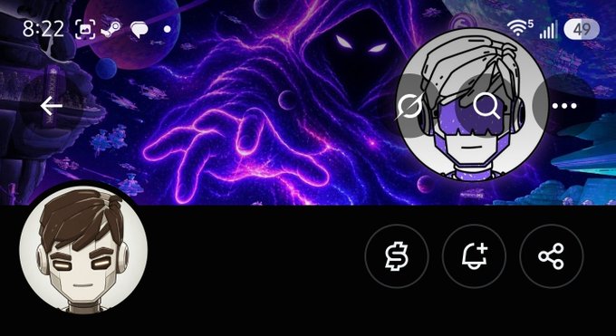 The image shows a mobile app or social media interface featuring two stylized cartoon avatar profiles against a cosmic purple background with a menacing purple entity and tentacles. The top status bar displays "8:22" and "49" battery, while bottom icons include currency, search, and share buttons. This appears to be a screenshot illustrating the post about $INK TGE (Token Generation Event) tomorrow, referencing the Kraken CEO's updated banner/avatar shown in the interface.