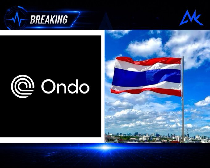 Breaking news graphic announcing ONDO Finance's partnership with KUB Wallet to bring tokenized US stocks to Thailand, featuring the Ondo logo alongside the Thai flag waving over a city skyline.