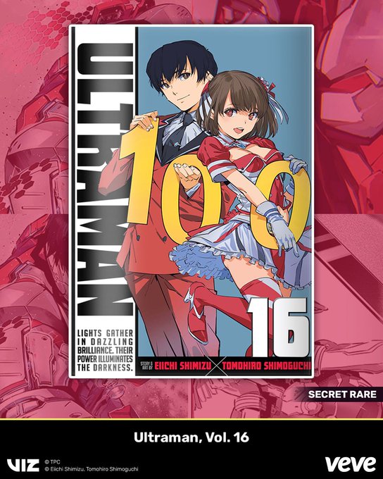 A VeVe digital collectible cover featuring Ultraman Volume 16 by creators Eiichi Shimizu and Tomohiro Shimoguichi, depicting a male and female anime character against a pink mech background with "TRUE BELIEVER" text and a Secret Rare label.