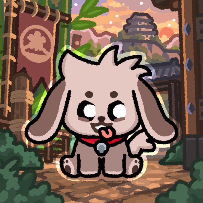A pixel-art illustration of a cute fluffy dog-like character with its tongue sticking out, wearing a red collar with a bell, standing in a Japanese-themed village setting with a castle in the background.