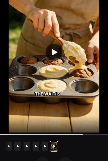 A screenshot of a video showing someone spooning batter into a muffin tin, with the text 'THE WAIT IS' overlaid.