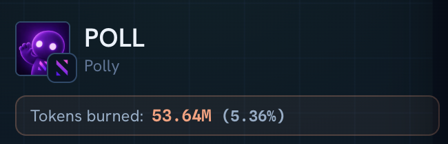 A "POLL" card for the Polly mascot token shows 53.64M tokens burned, representing 5.36% of the supply. The image visually supports the post's message introducing Polly as Synthra's official mascot token, highlighting its tokenomics with the burn statistic to emphasize community engagement and legitimacy.
