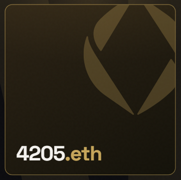 A dark, stylized digital graphic displays the Ethereum logo with the text "4205.eth" in gold and white at the bottom.
