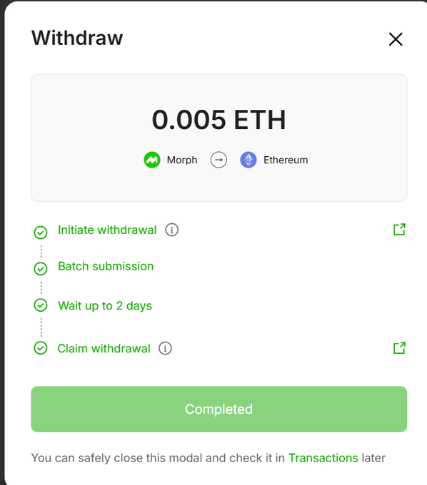 A mobile withdrawal interface showing a 'Completed' status for a transaction of 0.005 ETH being withdrawn from Morph to Ethereum, with all four steps (Initiate withdrawal, Batch submission, Wait up to 2 days, Claim withdrawal) checked off.