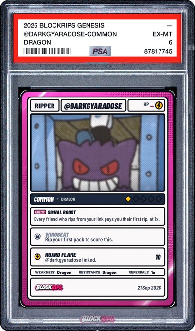 A PSA-graded trading card labeled '2026 BLOCKIPS GENESIS @DARKGYARADOSE-COMMON DRAGON EX-MT 6' features a purple Pokémon-like creature named 'Ripper'.