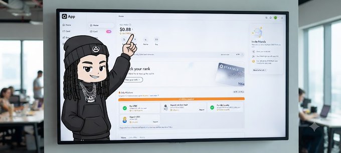 An animated graphic of a character with dreadlocks and a beanie pointing at a large screen displaying a financial app interface with metrics like '$0.88' and 'Lock your rank'.