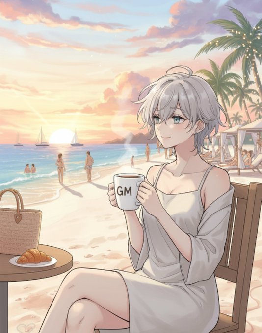 An anime-style illustration of a silver-haired character in a white dress holding a 'GM' mug while sitting at a beach café at sunset, with a croissant on the table beside a straw bag.