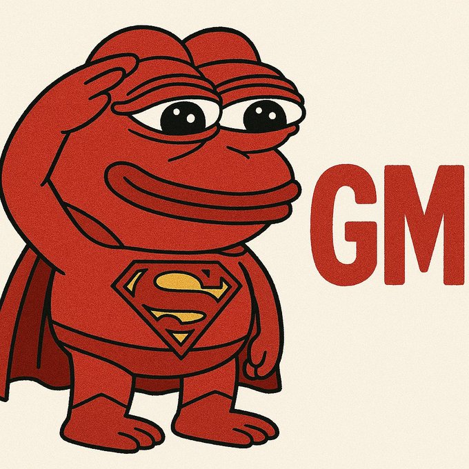 A cartoon illustration of a red frog-like character wearing a Superman costume, waving its hand next to the bold red text "GM".