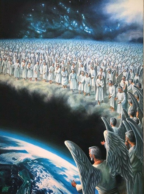 A painting depicting a massive gathering of angels in white robes with large wings standing on clouds, looking up toward a starry blue sky above the Earth.