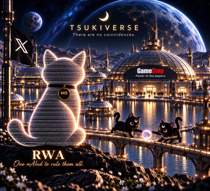 A fantasy sci-fi digital artwork titled "TSUKIVERSE - There are no coincidences" featuring a holographic glowing cat with a 665 tag, a GameStop "Power to the players" billboard, two cartoon black cats labeled "TSUKI/SOL" and "TSUKI/GME," the X logo, and text "RWA - One mind to rule them all."
