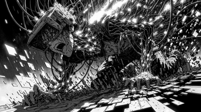 A high-contrast black-and-white illustration of a massive, glowing, tentacled creature towering over a distorted cityscape.