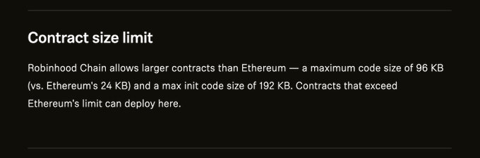 The image displays a section titled "Contract size limit" explaining that Robinhood Chain allows a maximum code size of 96 KB and max init code size of 192 KB, compared to Ethereum's 24 KB limit, supporting the post's claim that Robinhood L2 enables 4x larger contract sizes than Ethereum.