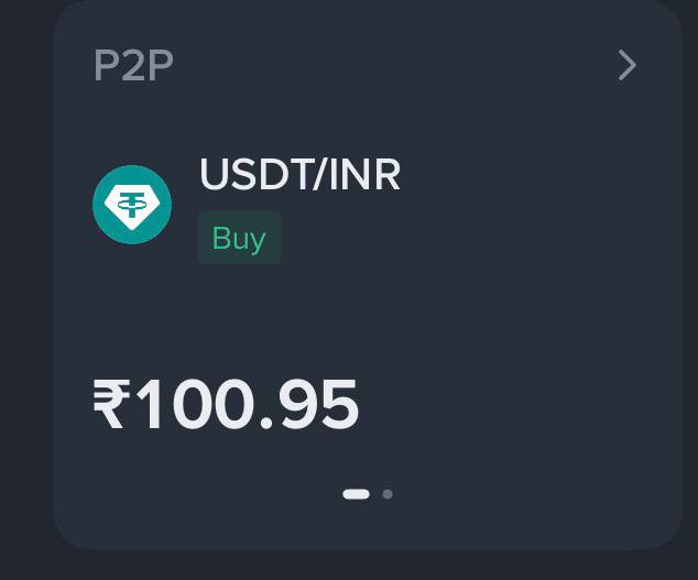 The image features a black square containing text that reads "P2P INR/USDT". There's also an icon of a green diamond with the word "buy" underneath, suggesting that this might be related to purchasing or selling cryptocurrency like USDT in the foreign exchange market. The background color is dark blue, and there are several dots scattered throughout, which could potentially represent cryptocurrency values or prices over time.