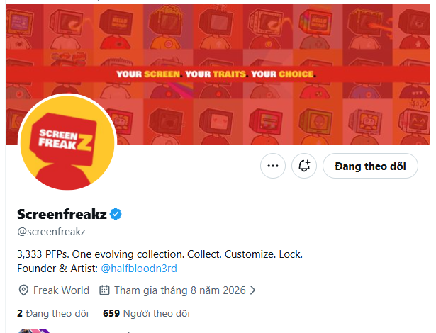 A Twitter profile page for 'Screenfreakz' (@screenfreakz) with the tagline '3,333 PFPs. One evolving collection. Collect. Customize. Lock.' and 'YOUR SCREEN YOUR TRAITS YOUR CHOICE' banner.