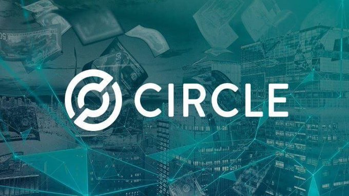 A logo for 'CIRCLE' displayed against a teal background featuring images of currency and buildings overlaid with network connection lines.