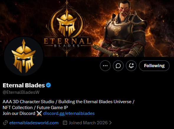 A Twitter/X profile page for "Eternal Blades" (@EternalBladesW), described as "AAA 3D Character Studio / Building the Eternal Blades Universe / NFT Collection / Future Game IP" with a link to discord.gg/eternalblades.