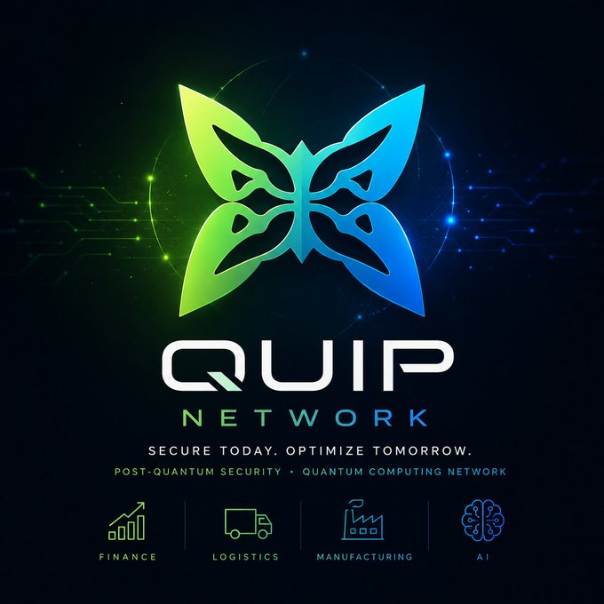 The image features a logo for Quip Network, which is an organization dedicated to promoting quantum computing. The logo consists of a butterfly with blue wings against a black background. Below the butterfly logo, there are descriptions of various aspects related to Quip Network's mission and projects. These include "Focus on what is in the image and how it relates to the post-quantum security", "The more I follow quantum computing, the clearer it becomes that this is no longer a distant future topic", and "Major players in crypto are already preparing especially around post-quantum security".