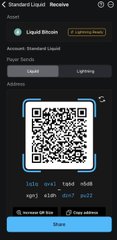 The image shows a smartphone screen displaying a QR code, which appears to be a login form for an online platform called @Blockstream @Liquid_BTC. The code is black and white, with blue text that provides instructions on how to participate in the faucet. The phone's lock screen also displays some information about the app and its features.