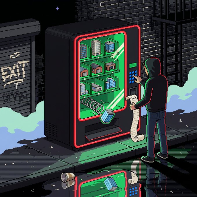 Pixel-art style illustration of a hooded figure using a vending machine that sells miniature buildings and houses, with a long receipt printing out, set in a dark urban alleyway.